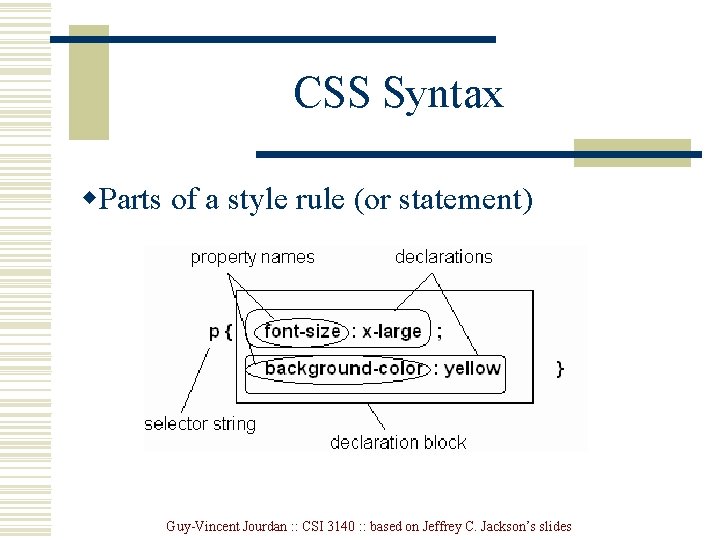 CSS Syntax w. Parts of a style rule (or statement) Guy-Vincent Jourdan : :