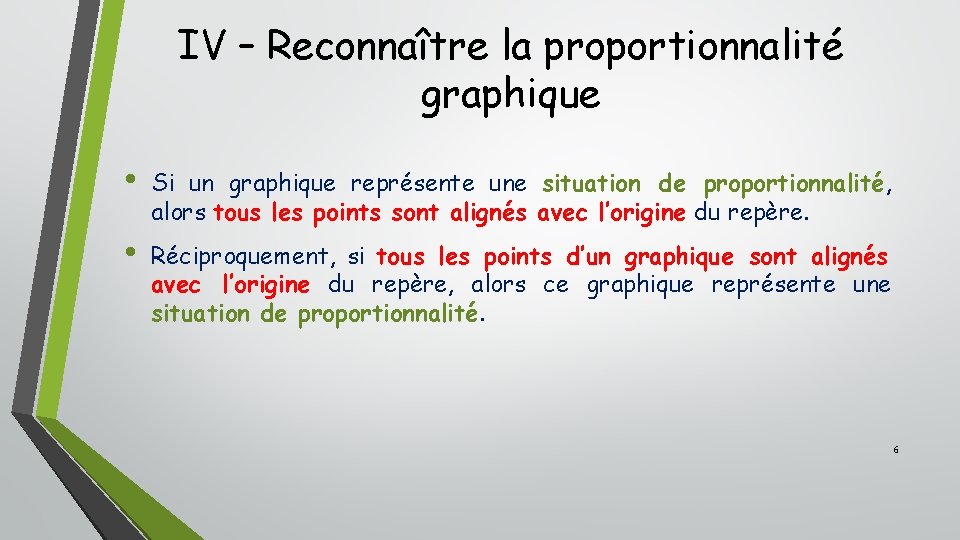IV – Reconnaître la proportionnalité graphique • Si un graphique représente une situation de