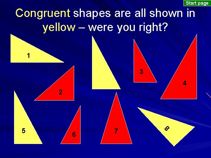 Start page Congruent shapes are all shown in yellow – were you right? 1