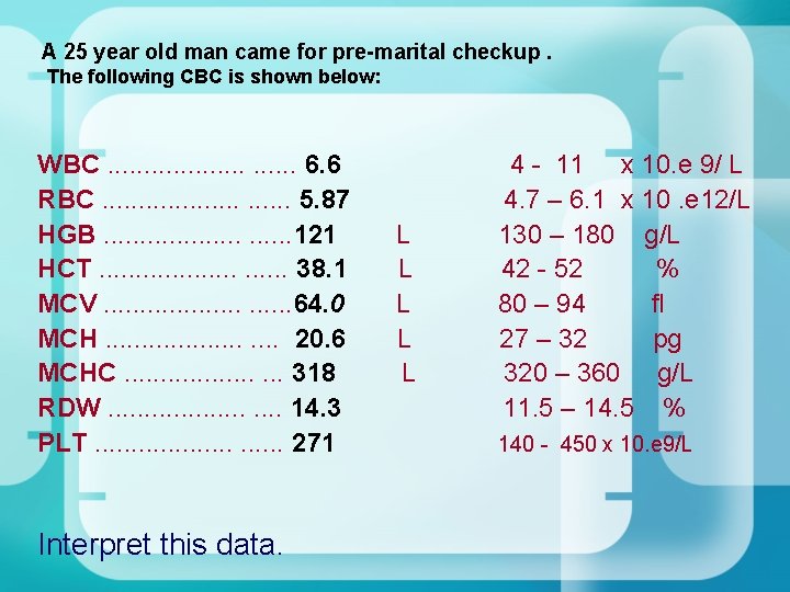 A 25 year old man came for pre-marital checkup. The following CBC is shown A 25 year old man came for pre-marital checkup. The following CBC is shown