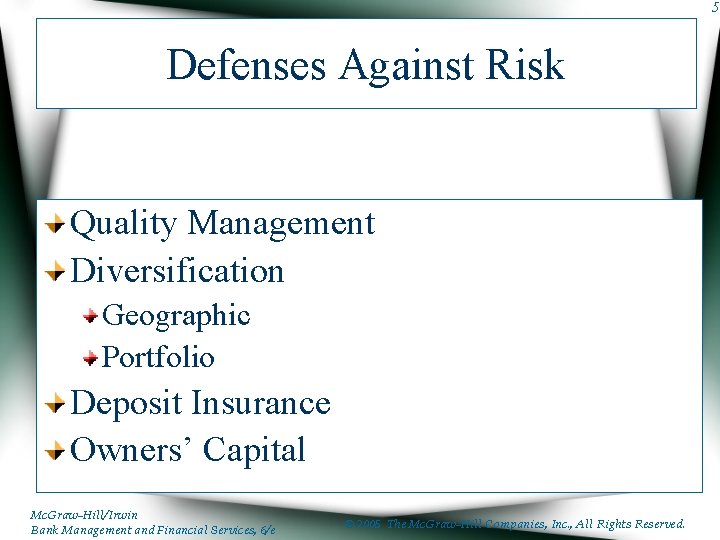5 Defenses Against Risk Quality Management Diversification Geographic Portfolio Deposit Insurance Owners’ Capital Mc.