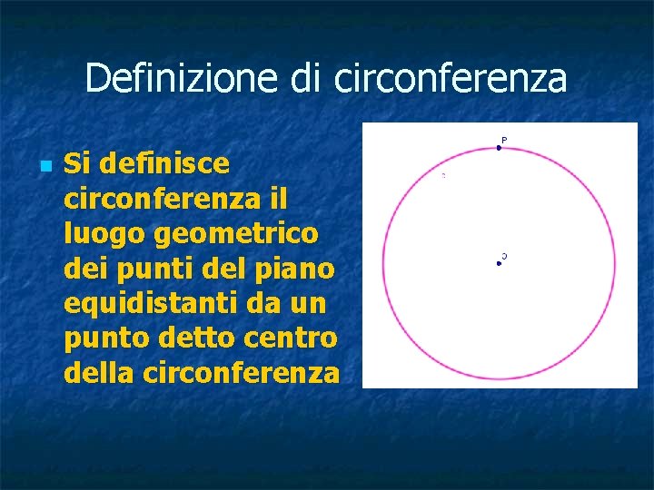 Definizione di circonferenza n Si definisce circonferenza il luogo geometrico dei punti del piano