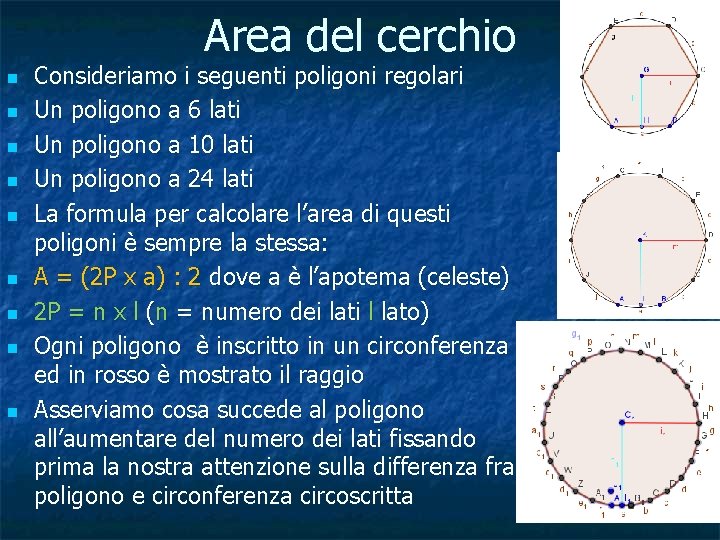 Area del cerchio n n n n n Consideriamo i seguenti poligoni regolari Un