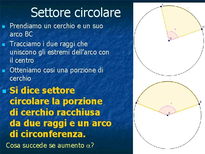 Settore circolare Prendiamo un cerchio e un suo arco BC Tracciamo i due raggi