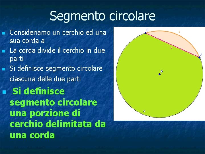 Segmento circolare n n n Consideriamo un cerchio ed una sua corda a La