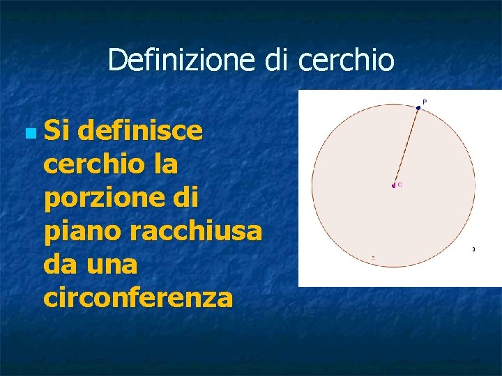 Definizione di cerchio n Si definisce cerchio la porzione di piano racchiusa da una