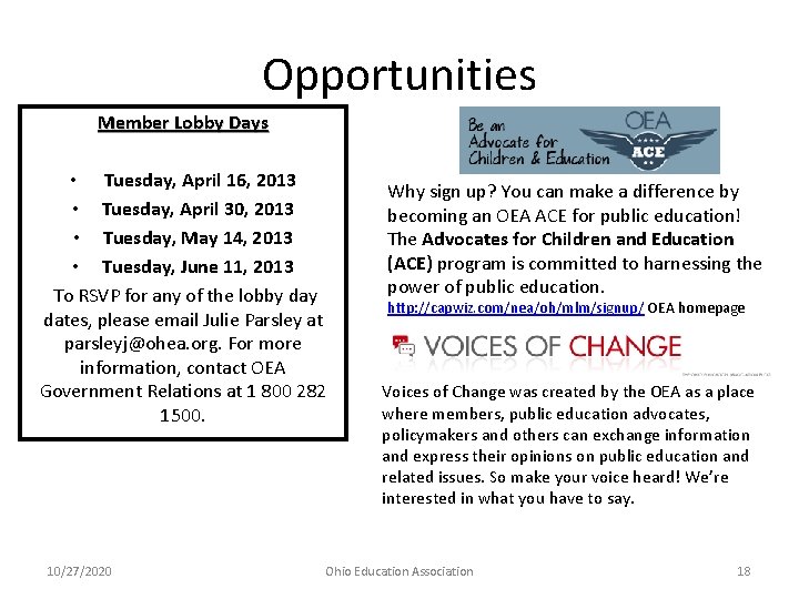 Opportunities Member Lobby Days • Tuesday, April 16, 2013 • Tuesday, April 30, 2013