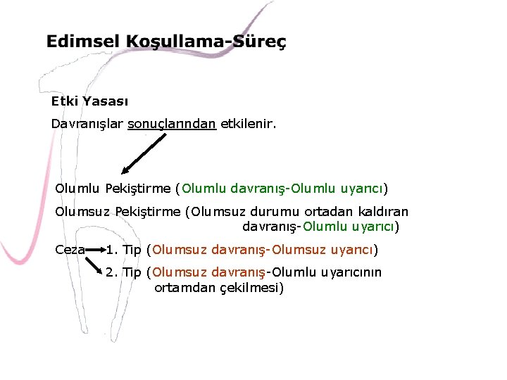 Etki Yasası Davranışlar sonuçlarından etkilenir. Olumlu Pekiştirme (Olumlu davranış-Olumlu uyarıcı) Olumsuz Pekiştirme (Olumsuz durumu