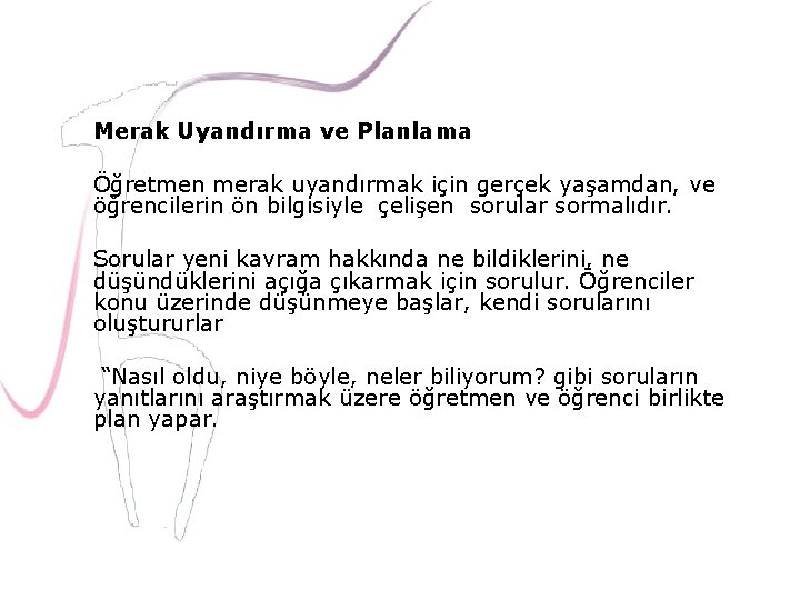 Merak Uyandırma ve Planlama Öğretmen merak uyandırmak için gerçek yaşamdan, ve öğrencilerin ön bilgisiyle