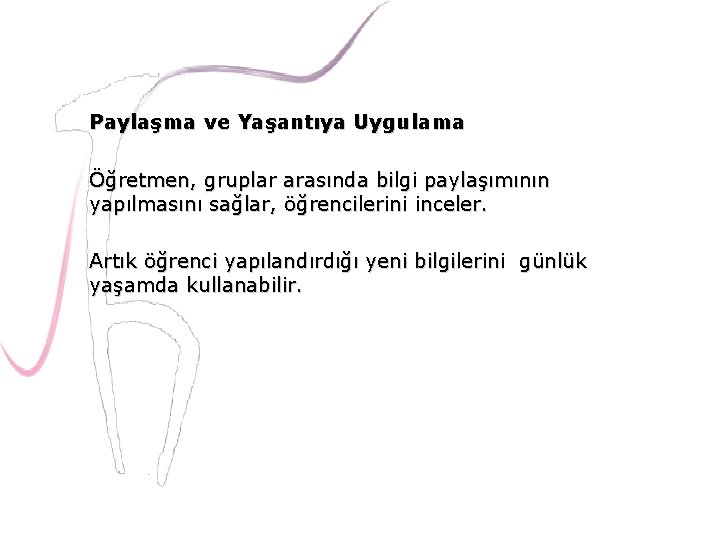 Paylaşma ve Yaşantıya Uygulama Öğretmen, gruplar arasında bilgi paylaşımının yapılmasını sağlar, öğrencilerini inceler. Artık