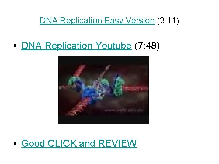 DNA Replication Easy Version (3: 11) • DNA Replication Youtube (7: 48) • Good