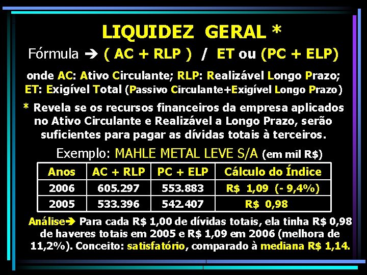 LIQUIDEZ GERAL * Fórmula ( AC + RLP ) / ET ou (PC +