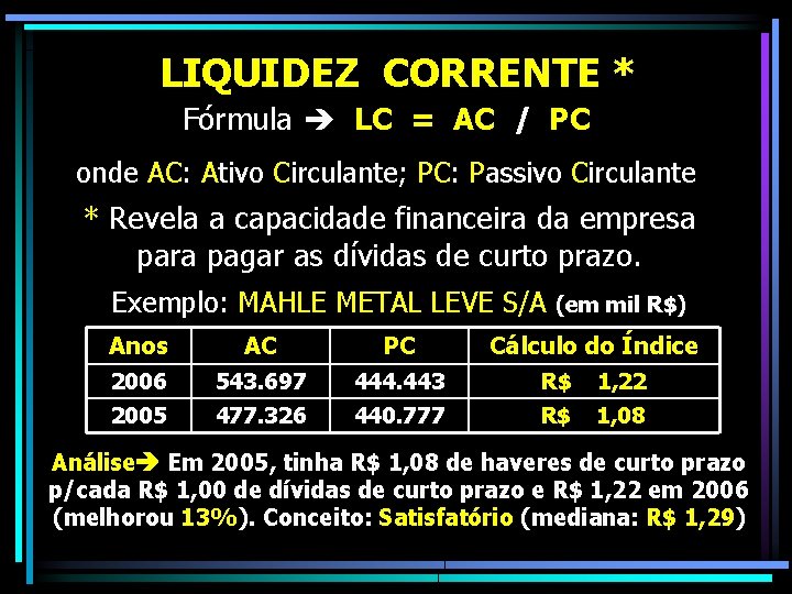 LIQUIDEZ CORRENTE * Fórmula LC = AC / PC onde AC: Ativo Circulante; PC: