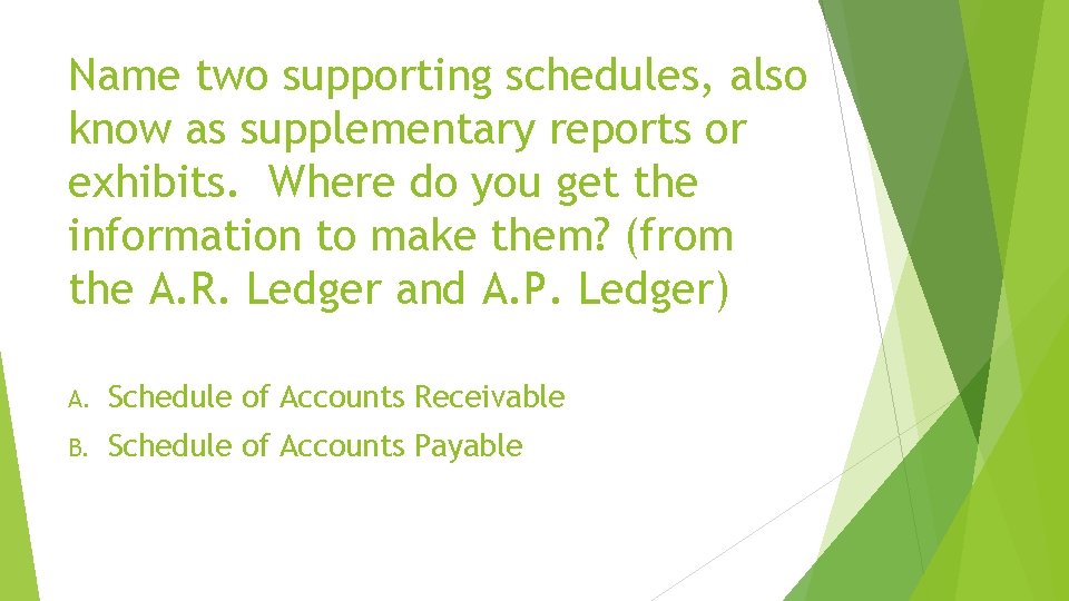 Name two supporting schedules, also know as supplementary reports or exhibits. Where do you