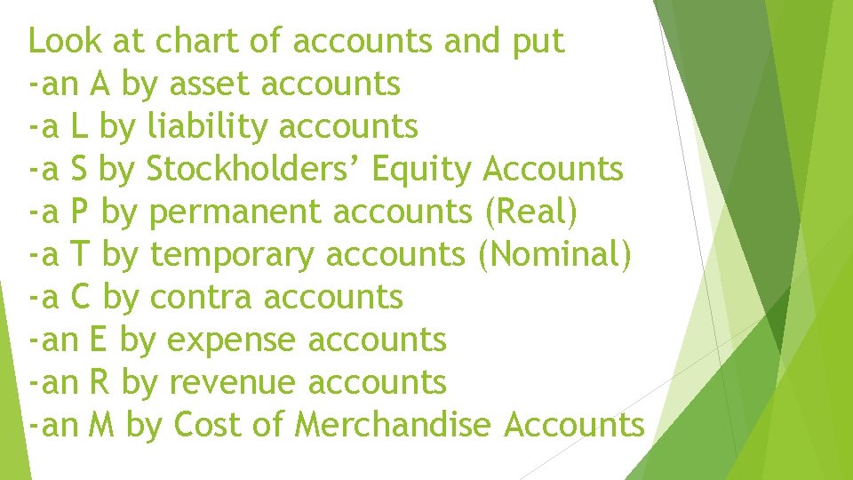 Look at chart of accounts and put -an A by asset accounts -a L