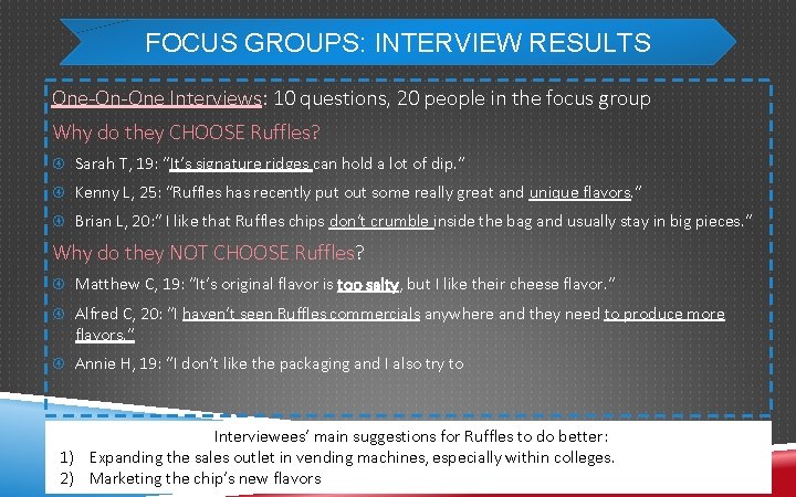 FOCUS GROUPS: INTERVIEW RESULTS One-On-One Interviews: 10 questions, 20 people in the focus group