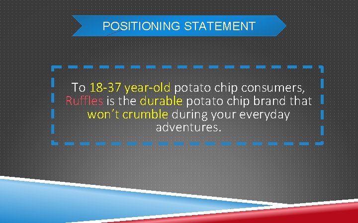 POSITIONING STATEMENT To 18 -37 year-old potato chip consumers, Ruffles is the durable potato