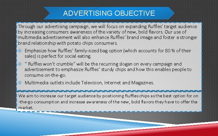 ADVERTISING OBJECTIVE Through our advertising campaign, we will focus on expanding Ruffles’ target audience