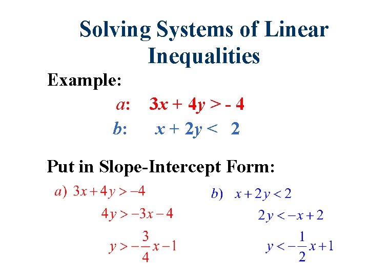 Solving Systems of Linear Inequalities Example: a: b: 3 x + 4 y >