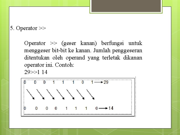 5. Operator >> (geser kanan) berfungsi untuk menggeser bit-bit ke kanan. Jumlah penggeseran ditentukan