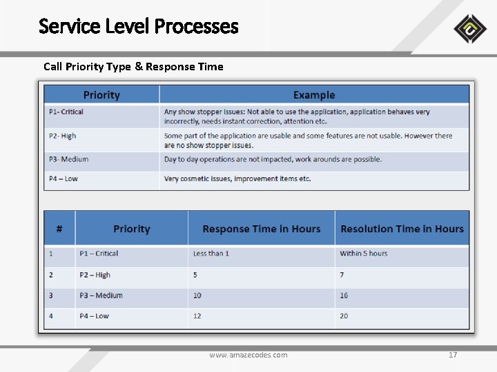 Service Level Processes Call Priority Type & Response Time www. amazecodes. com 17 
