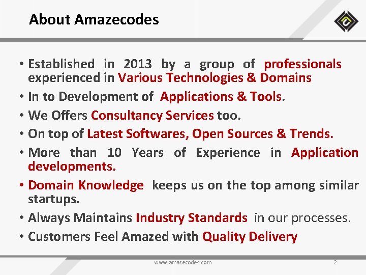 About Amazecodes • Established in 2013 by a group of professionals experienced in Various