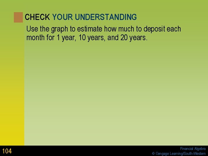 CHECK YOUR UNDERSTANDING Use the graph to estimate how much to deposit each month CHECK YOUR UNDERSTANDING Use the graph to estimate how much to deposit each month