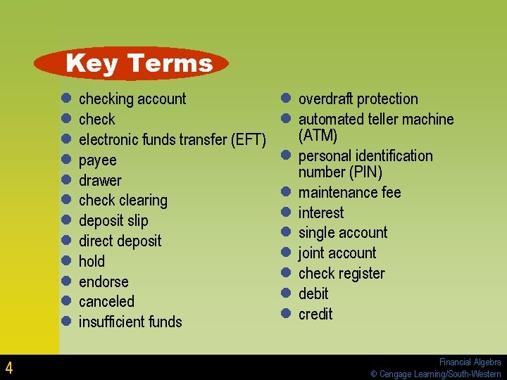 Key Terms l l l 4 checking account check electronic funds transfer (EFT) payee Key Terms l l l 4 checking account check electronic funds transfer (EFT) payee