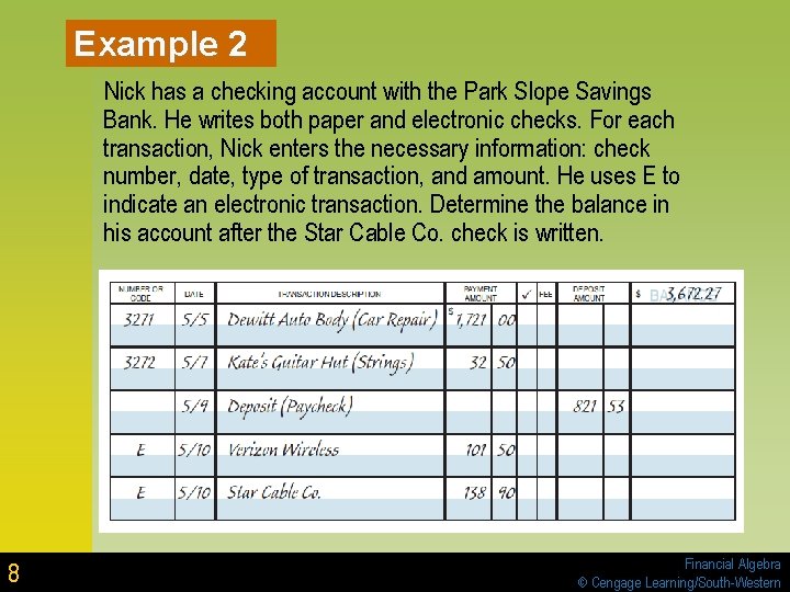 Example 2 Nick has a checking account with the Park Slope Savings Bank. He Example 2 Nick has a checking account with the Park Slope Savings Bank. He
