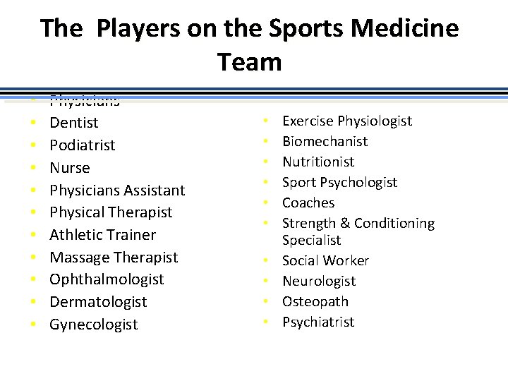 The Players on the Sports Medicine Team • • • Physicians Dentist Podiatrist Nurse