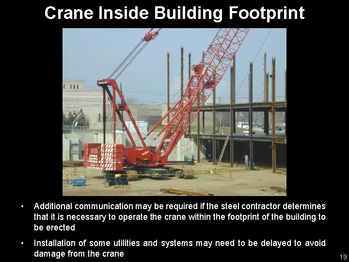 Crane Inside Building Footprint • Additional communication may be required if the steel contractor