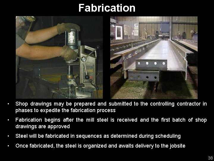 Fabrication • Shop drawings may be prepared and submitted to the controlling contractor in