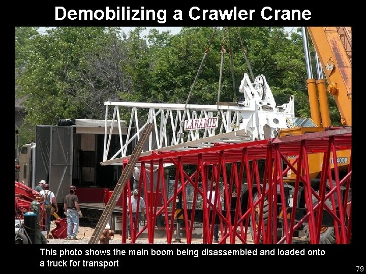 Demobilizing a Crawler Crane This photo shows the main boom being disassembled and loaded