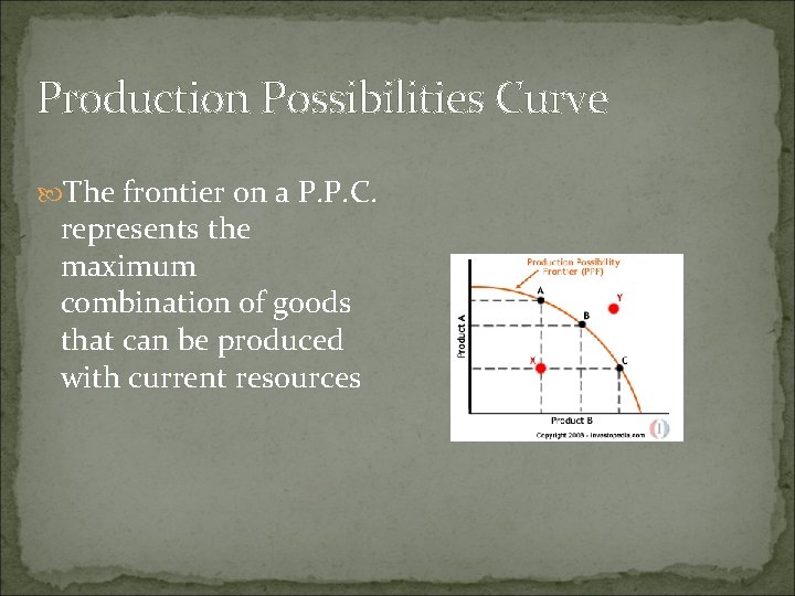 Production Possibilities Curve The frontier on a P. P. C. represents the maximum combination
