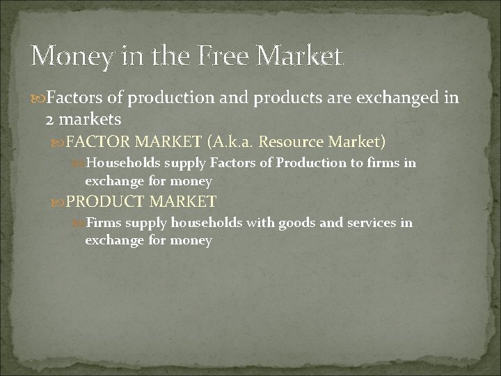 Money in the Free Market Factors of production and products are exchanged in 2
