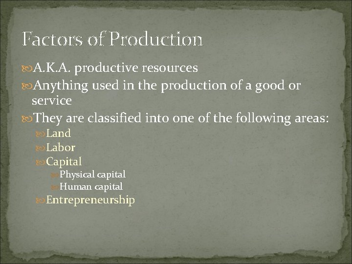 Factors of Production A. K. A. productive resources Anything used in the production of