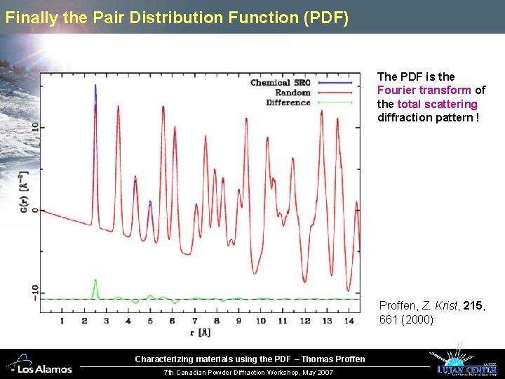 Finally the Pair Distribution Function (PDF) The PDF is the Fourier transform of the