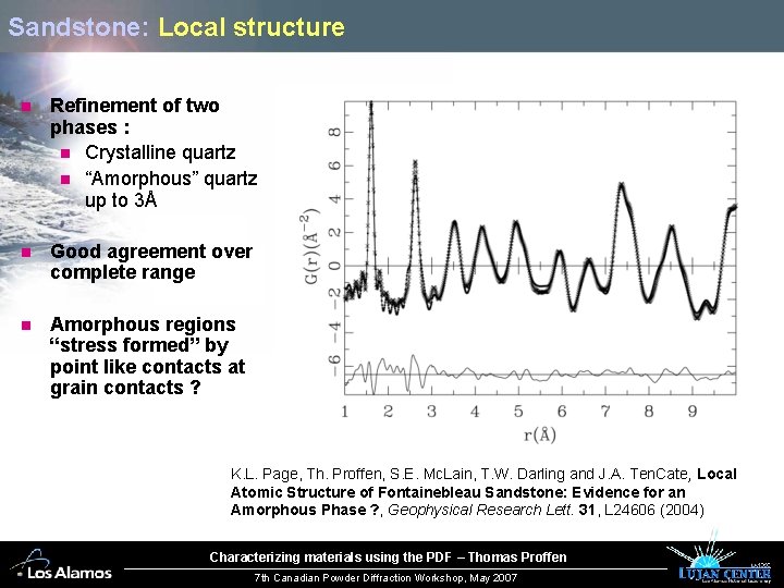 Sandstone: Local structure n Refinement of two phases : n Crystalline quartz n “Amorphous”