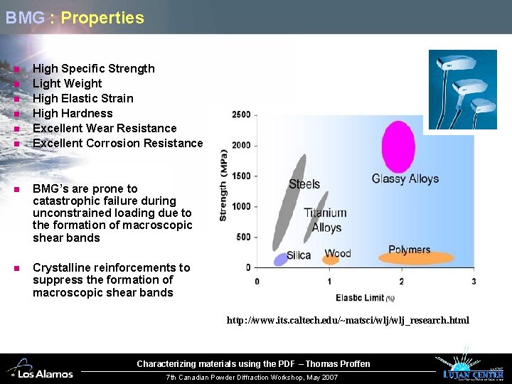 BMG : Properties n n n High Specific Strength Light Weight High Elastic Strain