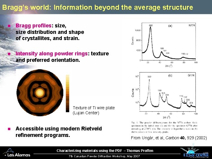 Bragg’s world: Information beyond the average structure n Bragg profiles: size, size distribution and