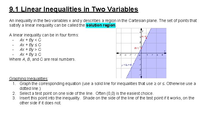 9. 1 Linear Inequalities in Two Variables An inequality in the two variables x