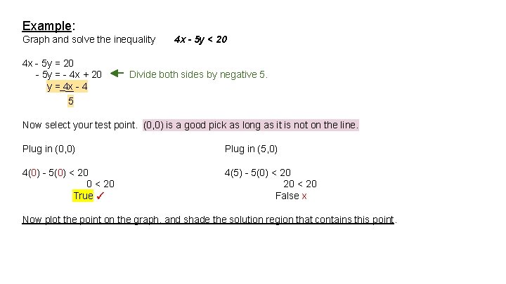Example: Graph and solve the inequality 4 x - 5 y = 20 -
