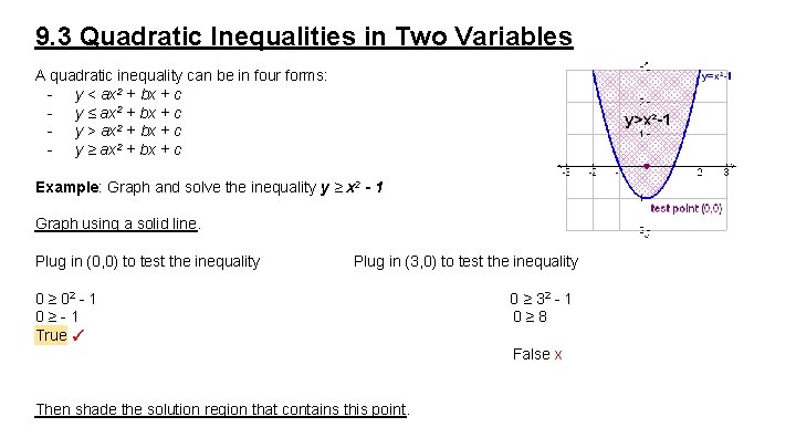 9. 3 Quadratic Inequalities in Two Variables A quadratic inequality can be in four