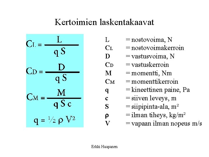 Kertoimien laskentakaavat L CL D CD M CM q c S r V Erkki