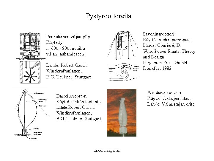 Pystyroottoreita Savoniusroottori Käyttö: Veden pumppaus Lähde: Gourièré, D. Wind Power Plants, Theory and Design