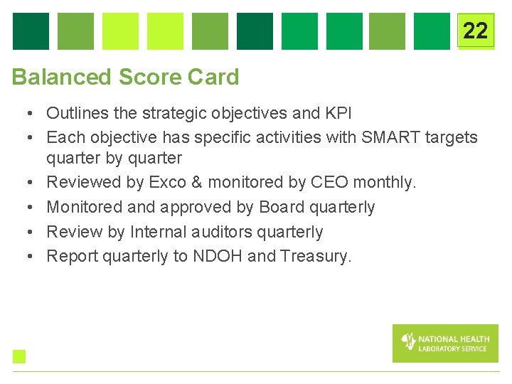 22 Balanced Score Card • Outlines the strategic objectives and KPI • Each objective