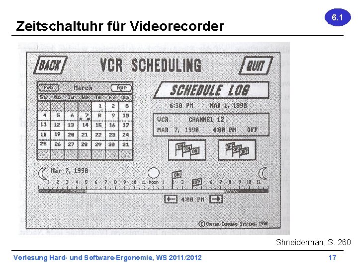 Zeitschaltuhr für Videorecorder 6. 1 Shneiderman, S. 260 Vorlesung Hard- und Software-Ergonomie, WS 2011/2012