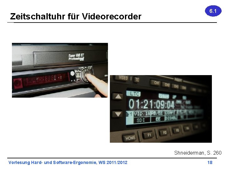 Zeitschaltuhr für Videorecorder 6. 1 Shneiderman, S. 260 Vorlesung Hard- und Software-Ergonomie, WS 2011/2012