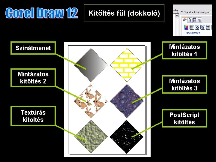 Kitöltés fül (dokkoló) Színátmenet Mintázatos kitöltés 2 Textúrás kitöltés Mintázatos kitöltés 1 Mintázatos kitöltés