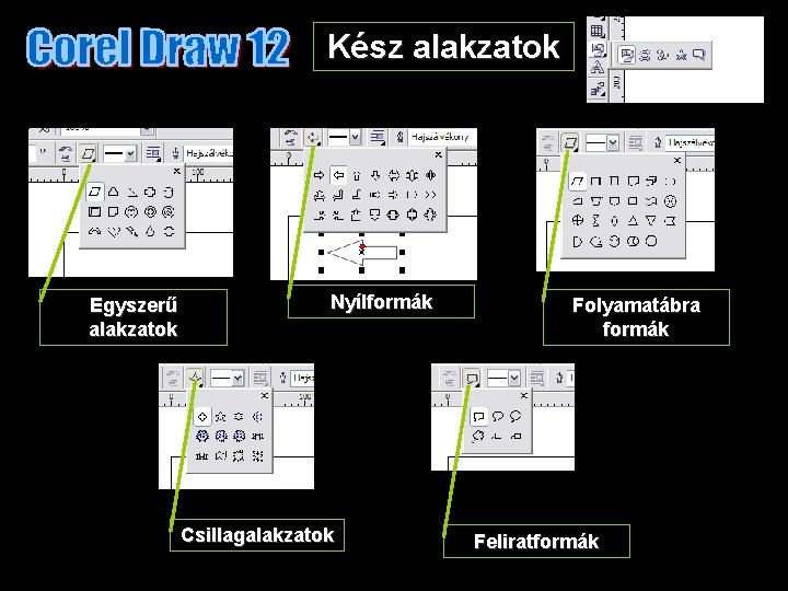 Kész alakzatok Egyszerű alakzatok Nyílformák Csillagalakzatok Folyamatábra formák Feliratformák 